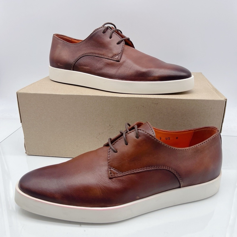 Santoni Atlantis Lace Up Plain Toe Dress Sneakers Shoes Dark Brown Leather US 8
